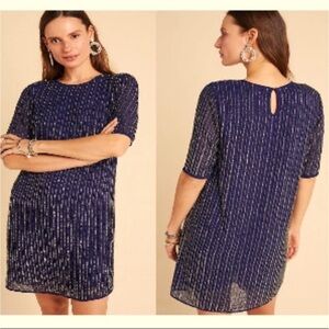 NWT Anthropologie Velvet by Graham & Spencer Dorothy Beaded Navy Shift Dress